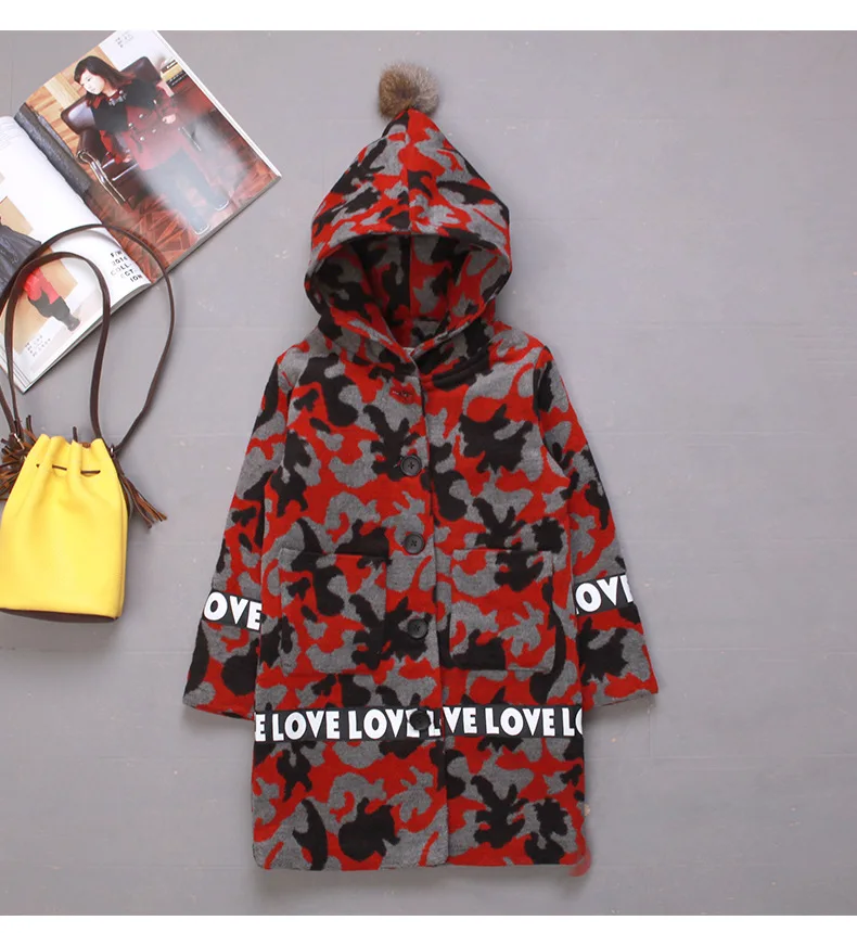 

[bosudhsou] bx-1 Girls Winter Coats Children Clothing wool Camouflage Long Jackets with hooded Thicken Kids Clothes 4-14Y