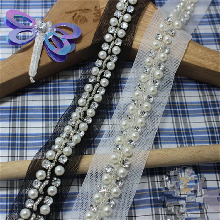 3Yards White Lace Pearl Beaded Lace Trim Ribbon For Sewing Wedding