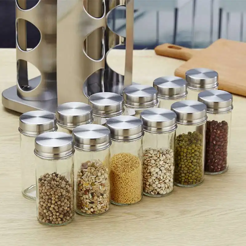 Rotary Seasoning Jar Seasoning Box Stainless Steel Salt Pot Glass Seasoning Jar Kitchen Supplies