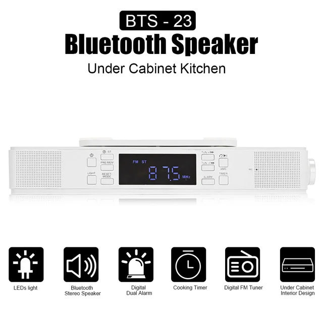 Bts 23 Under Cabinet Bluetooth Kitchen Stereo Speaker With Led Bts 23 Under Cabinet Bluetooth Kitchen Stereo Speaker With Led Lights Mic Cooking Timer Digital Radio Dual Alarm Hands Free Call