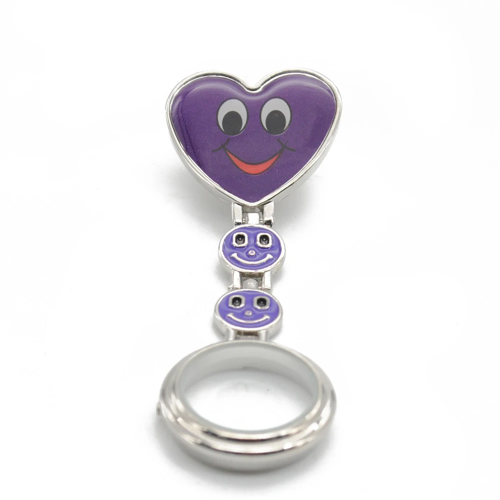 Кристалл женские милые часы улыбающиеся лица Сердце Клип на кулон медсестры Fob Брошь кварцевые карманные часы счастливый конфеты цвет - Цвет: purple