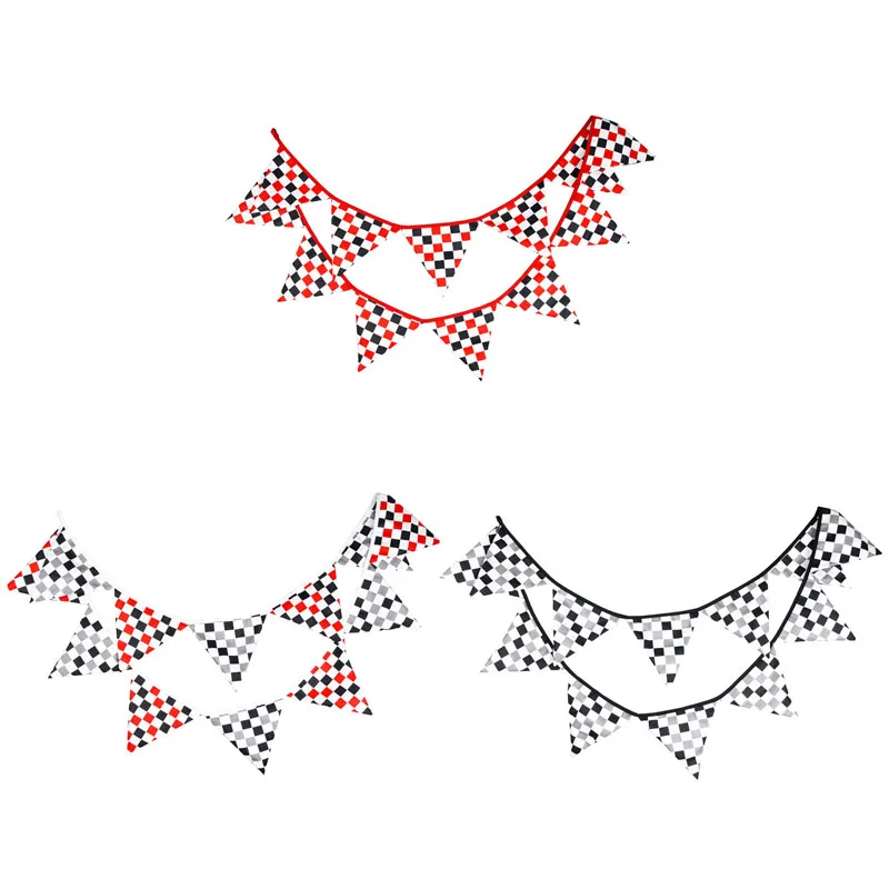 

2 Size Red Black White Racing Car Command Flag Checkerboard Shape Cotton Banner Pennant Garland Fans Birthday Party Decor Gift