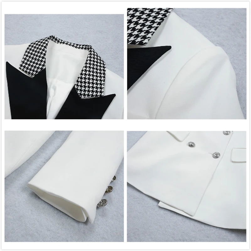 High Quality Black White Women Blazer Jacket Outerwear Double Breasted Plaid Collar OL Office Ladies Blazers Feminino Plus Size
