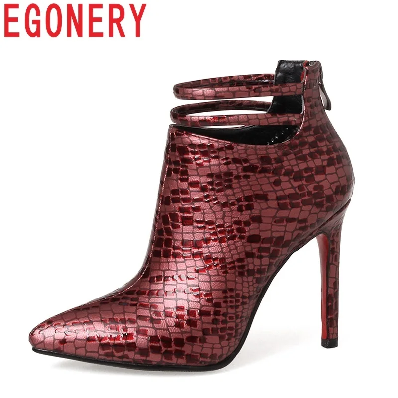 

EGONERY newest fashion pu high quality zipper super high thin heels pointed toe black and red women winter booties free shipping