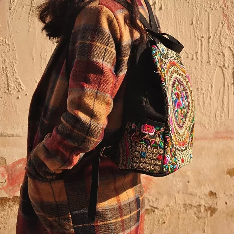 Национальный тренд холст вышивка этнический рюкзак для женщин ручной работы цветок вышитая сумка дорожная ранец школьная сумка рюкзаки mochila