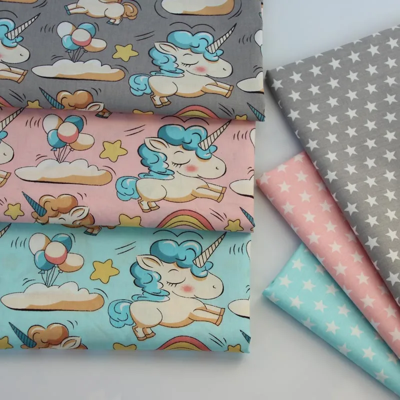 100% cotton twill cloth GRAY PINK AQUA cartoon unicorn rainbow stars fabric for DIY crib bedding cushion quilting handwork decor
