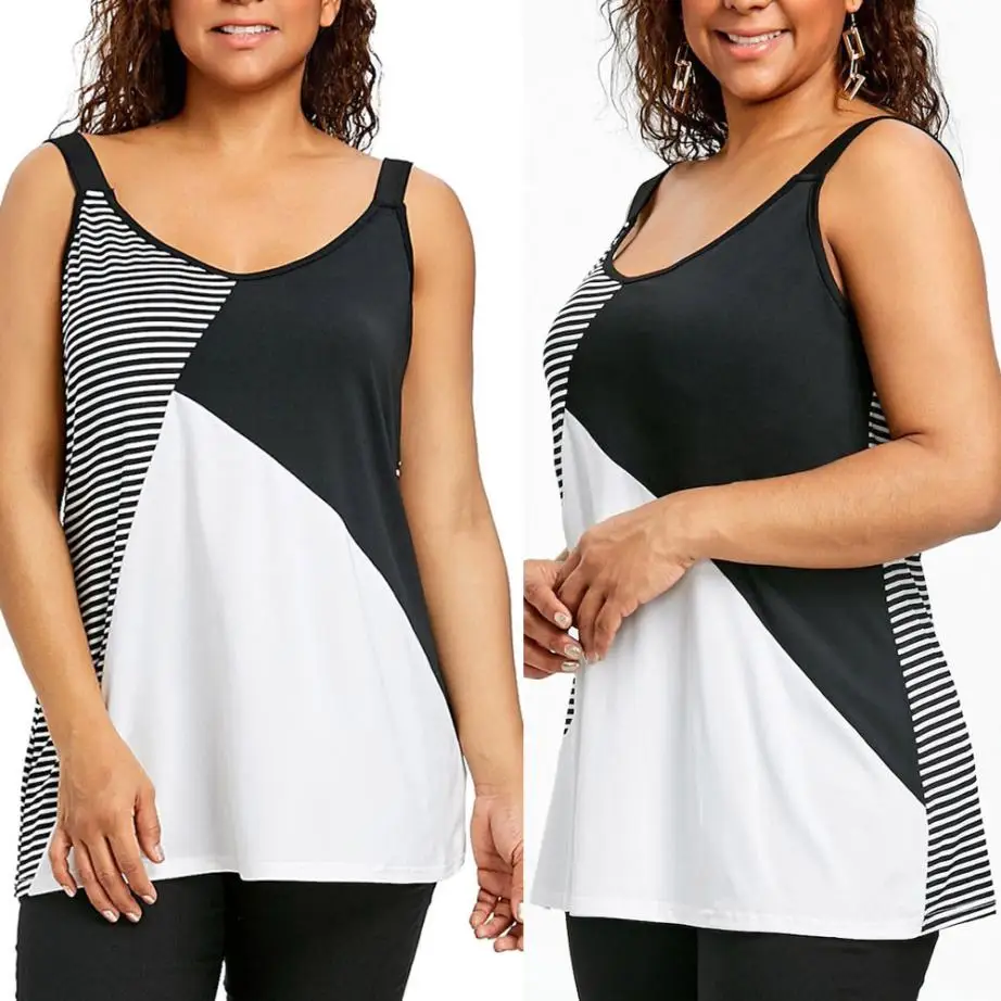 

2018 Fashion Women Plus Size Stripe Patchwork Sleeveless Tank Top Vest O-Neck T-Shirt Large size striped vest