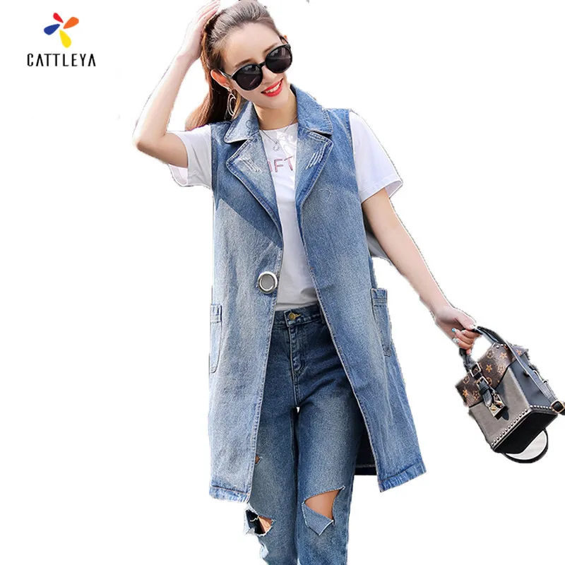 Long Vest Denim Vests Womens Brand 3XL 2XL XL New 2017 Spring Sleeveless Ripped Holes Belt