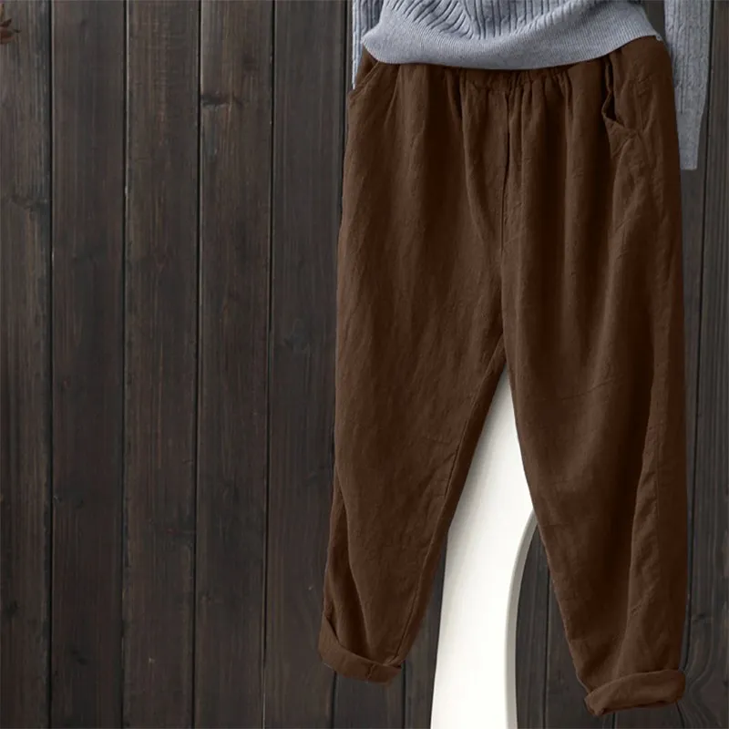 Женские штаны-шаровары ZANZEA, хлопок, лен, эластичная талия, одноцветные, базовые панталоны, женские штаны с карманами и поясом, повседневные Простые ретро брюки