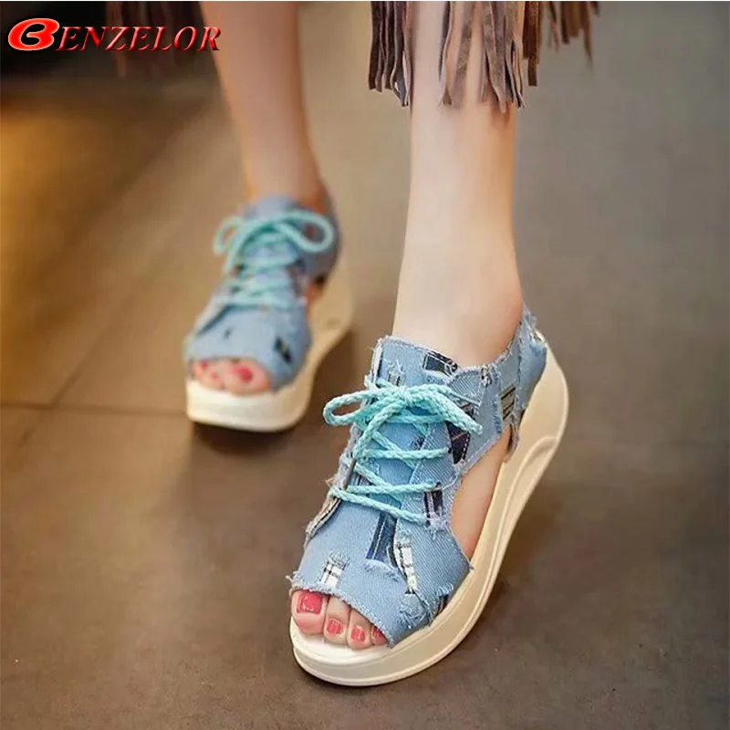 

BENZELOR 2019 New Summer Fashion Denim Shoes Wild Women Sandals Platform Thick soled Ankle Strap Ladies Slingback Sandalias