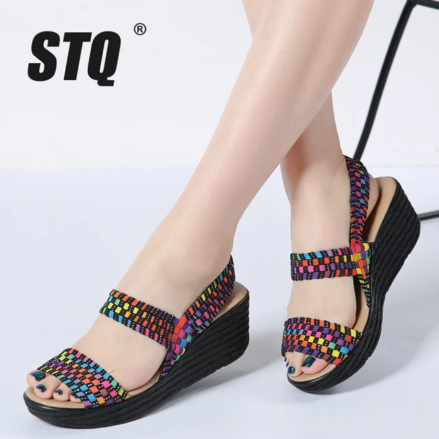 STQ women summer shoes 2018 women woven flat wedge platform sandals ladies flip flops ankle strap high heel gladiator sandals