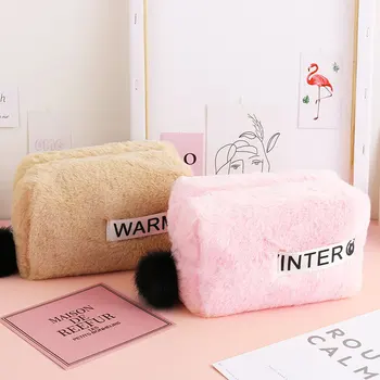 

Fur Cosmetic Bag Large Capacity Storage Bag Travel Multi-function Girl Plush Cosmetic Bag Fur Ball Decoration Zipper 25*11*12cm