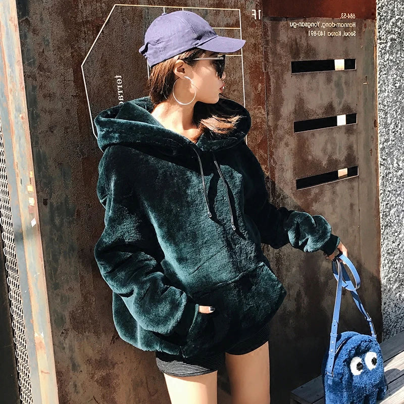 

2017 Winter New Long Sleeve Top Lazy Hooded Woolen Plush coat