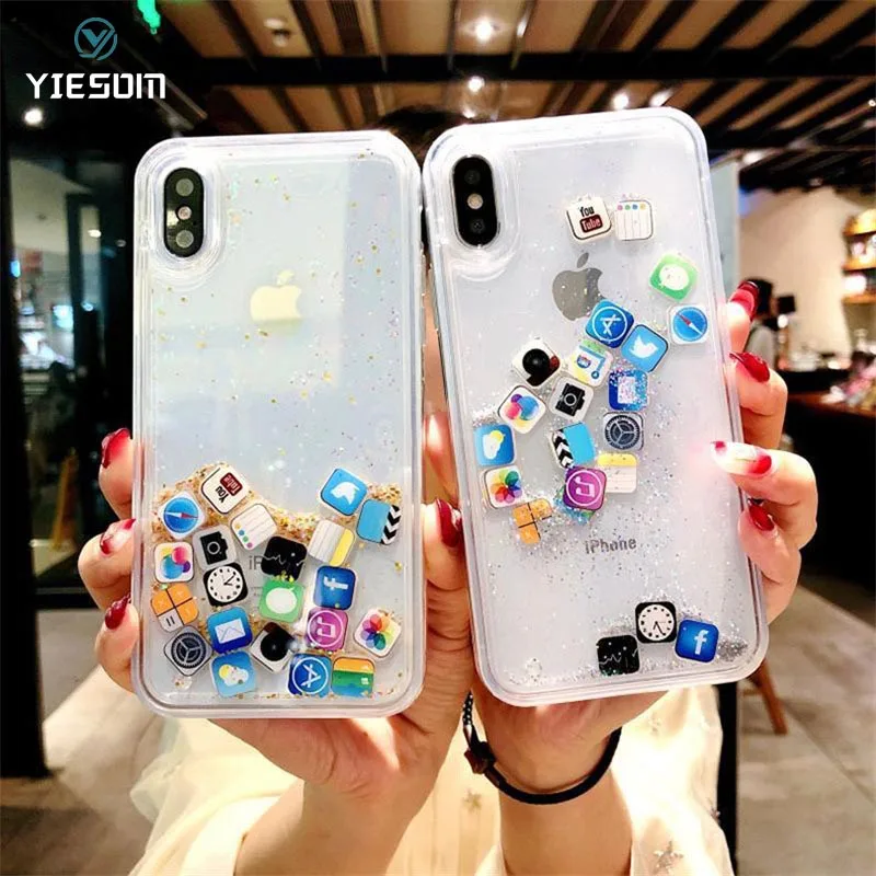 

Liquid Glitter Quicksand Case For iPhone X XR XS Max Fundas Apps Icon Hard Cover Phone Case For iPhone 6 6S 7 8 Plus X XR XS Max