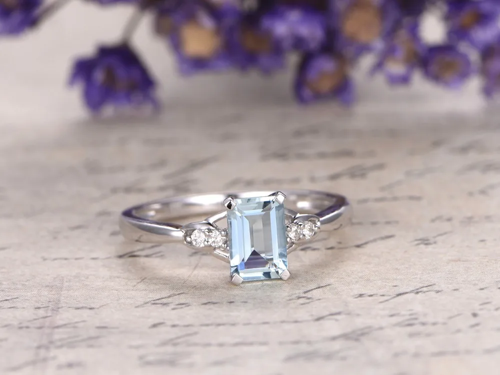 

5x7mm Emerald Cut Natural Genuine Blue Aquamarine Gemstone Ring Engagement Wedding Rings 14k White Gold Women Antique Jewelry