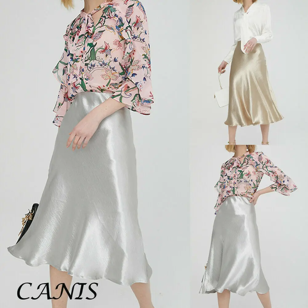 

Women's Casual Glossy Skirts Metallic Shiny PVC Wet Look High Waist Midi Skirt Fashion Summer Ladies Solid Party Skirts