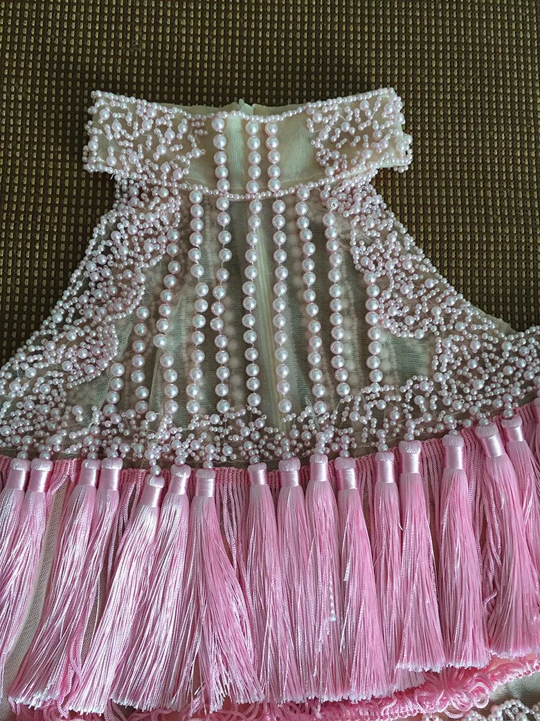 TANG 2019 Summer Sexy Off Shoulder Women Mesh Dress Pink Hollow Out Mini Dress Runway Fringe Bodycon Party Dress (4)