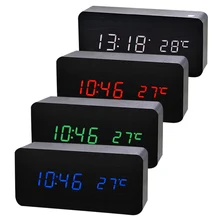 LED Alarm Clock Wooden Digital Temperature Electronic Sounds Control For Desktop Table Home TB Sale