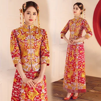 

Chinese Toast Clothes Ancient Bride Wedding Dress Women Elegant Ankle-Length Qipao Vintage Dragon&Phoenix Embroidery Cheongsam