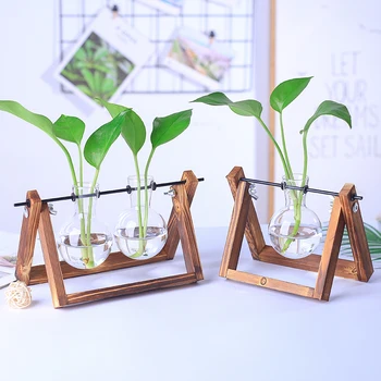

Terrarium Creative Hydroponic Plant Transparent Vase Wooden Frame Coffee Room Glass Tabletop Plants Home Bonsai Decor