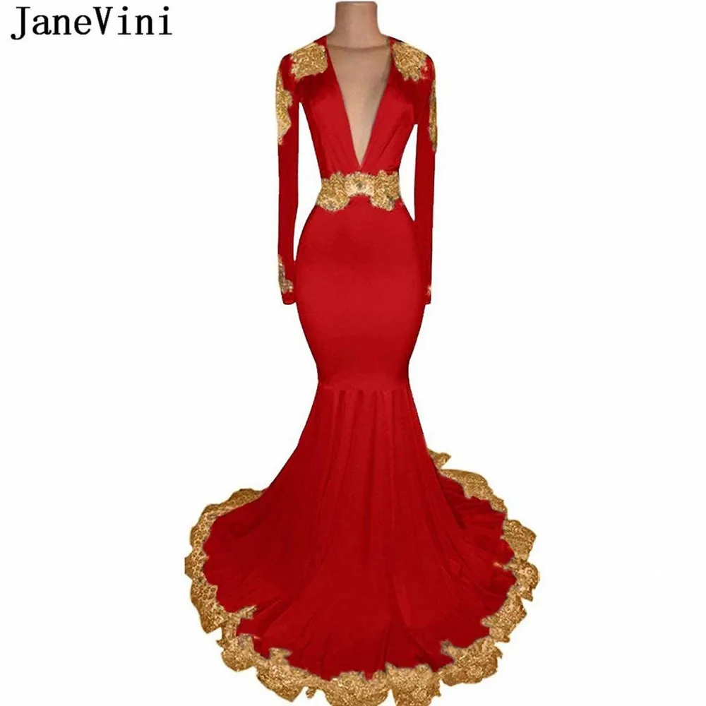 

JaneVini Sexy Deep V Neck African Red Prom Dresses Plus Size Long Sleeve Gold Appliques Beaded Satin Mermaid Evening Party Gowns