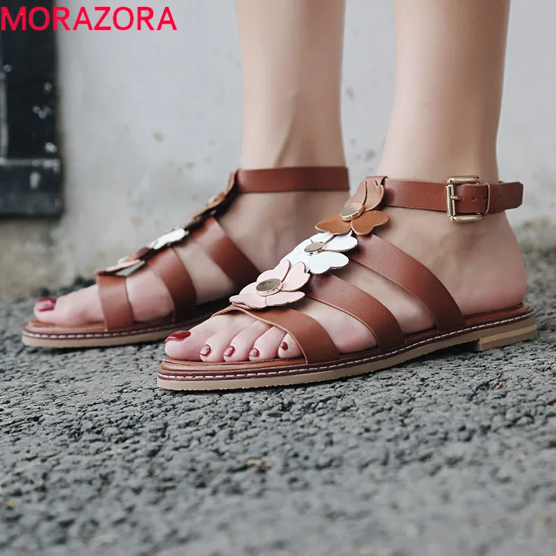

MORAZORA 2019 new arrival genuine leather shoes women sandals buckle summer shoes flower sweet flat shoes woman casual shoes