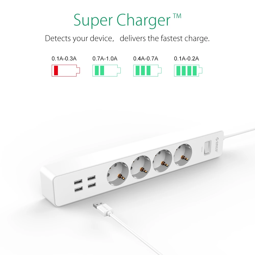 ORICO Smart power Strip розетки EU Plug 5V2. 4A переключатель перегрузки стабилизатор напряжения 4 выхода 4 порта USB зарядное устройство 1,8 м удлинитель