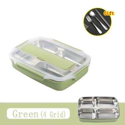 304 нержавеющая сталь перегородка Ланч-бокс дети герметизация теплоизоляция Bento box кухонный пищевой контейнер с посуда Ланчбокс - Цвет: Green 4 Gird