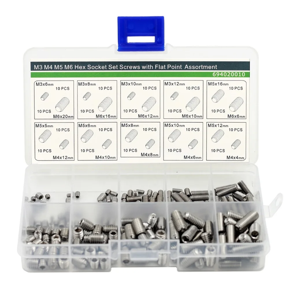 Hex Socket Set Screws with Flat Piont Assortment Kit,Stainless Steel