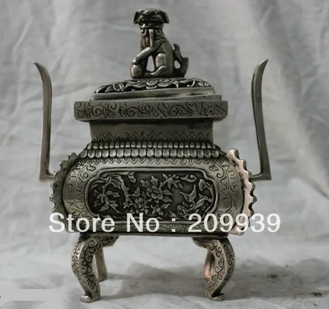 00912 Китайский Народная Культура HandMade Серебряная Бронзовая статуя Фу Собака Лев курильница(A0314