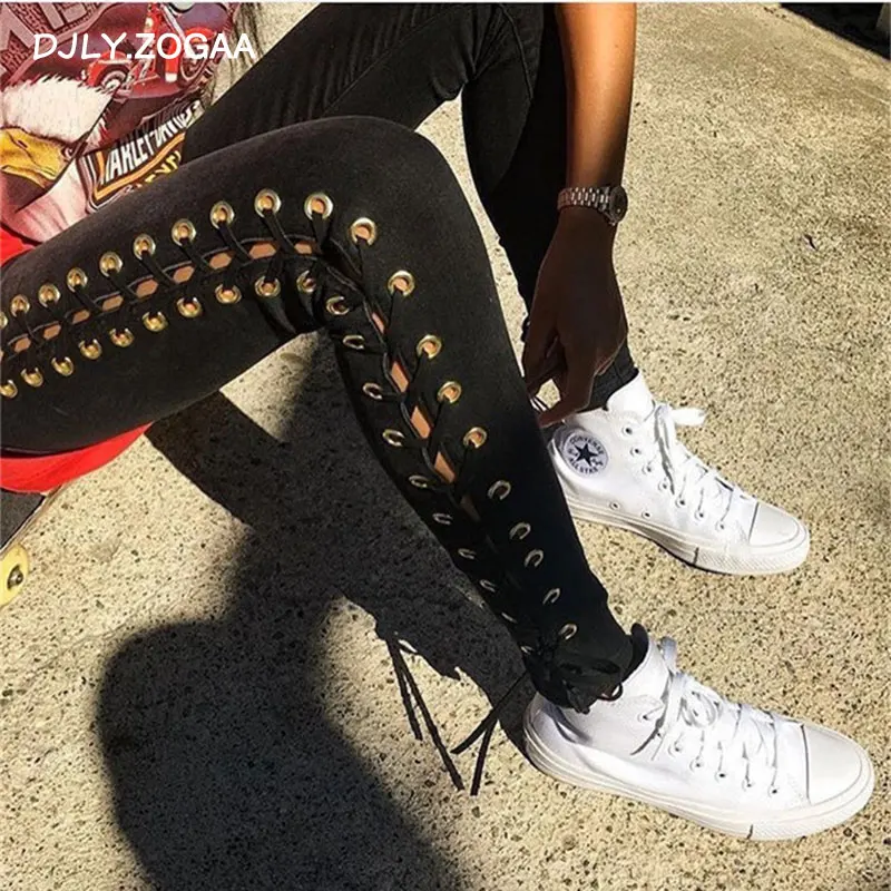 

ZOGAA New Side Straps Jeans Women's Feet Pants Slim Trousers Female High Waist Jeans