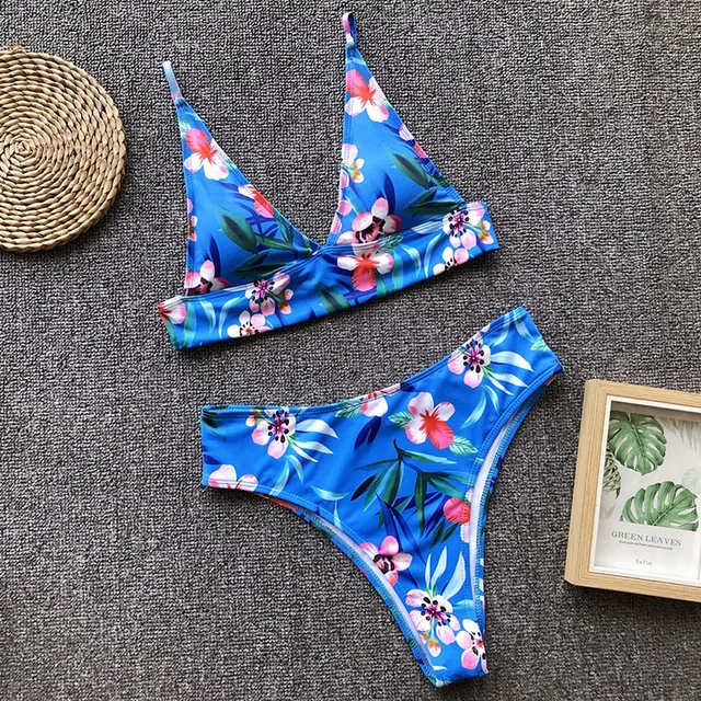 Blue Flowers Women Sexy Bikini Sets Padded Beach Biquini Swimwear High