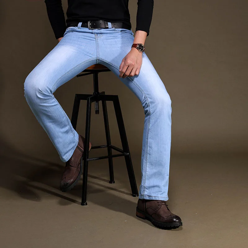 2019 летние легкие расклешенные джинсы для мужчин тонкие брюки нижнего белья мужские прямые джинсы Homme светло-голубые