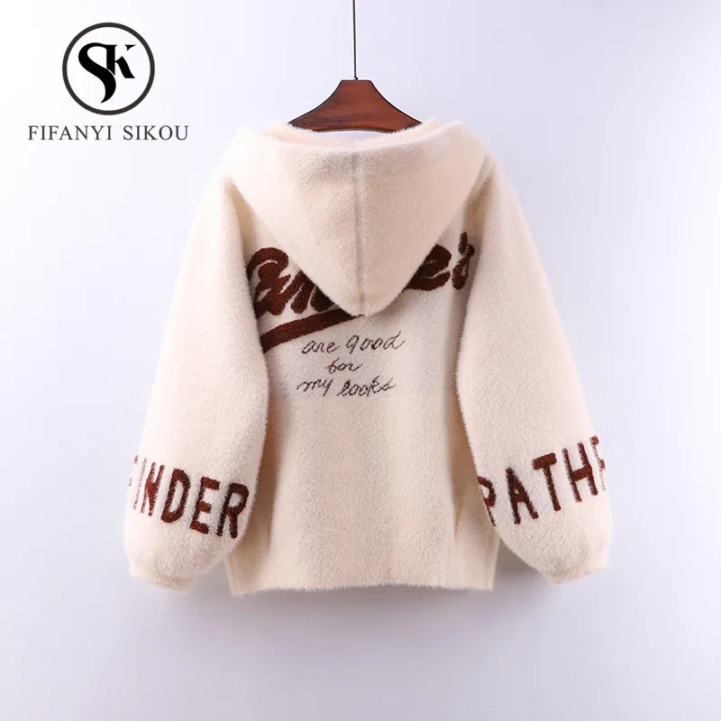 

2019 Autumn Winter Mink Cashmere Cardigan Coat Hooded Sweater women Fashion Embroidery High quality Warm Sweaters Coat Female
