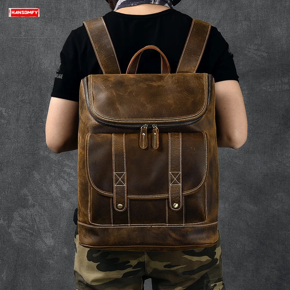 

Genuine Leather Men's Backpack 15.6 inch Laptop Bag Men Travel Backpacks Vintage Crazy Horse Leather male school bags 2022 new