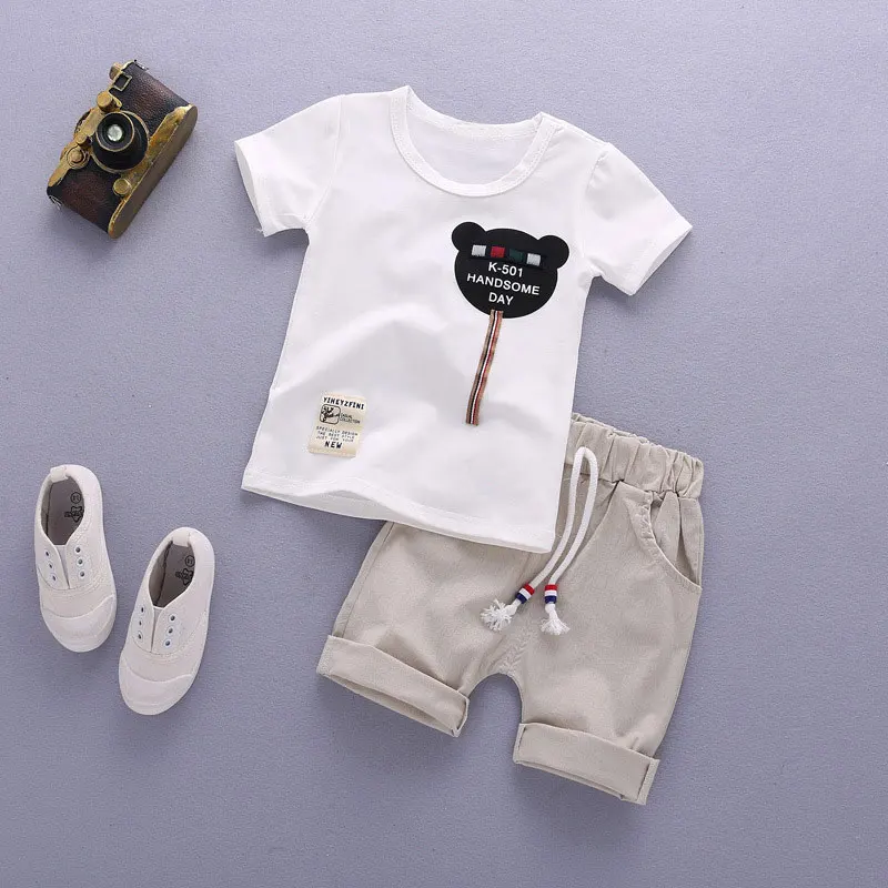 Детская одежда комплект летней одежды для маленьких мальчиков, эксклюзивная Детская футболка с медведем+ шорты от 12 месяцев до 5 лет - Цвет: White