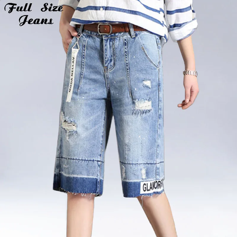 Petit ami Plus La Taille Confortable Lâche Large Jambe Genou Longueur Denim Pantalon Femmes Déchiré Jeans Courts Surdimensionné Bermudes XL 3Xl 2Xl