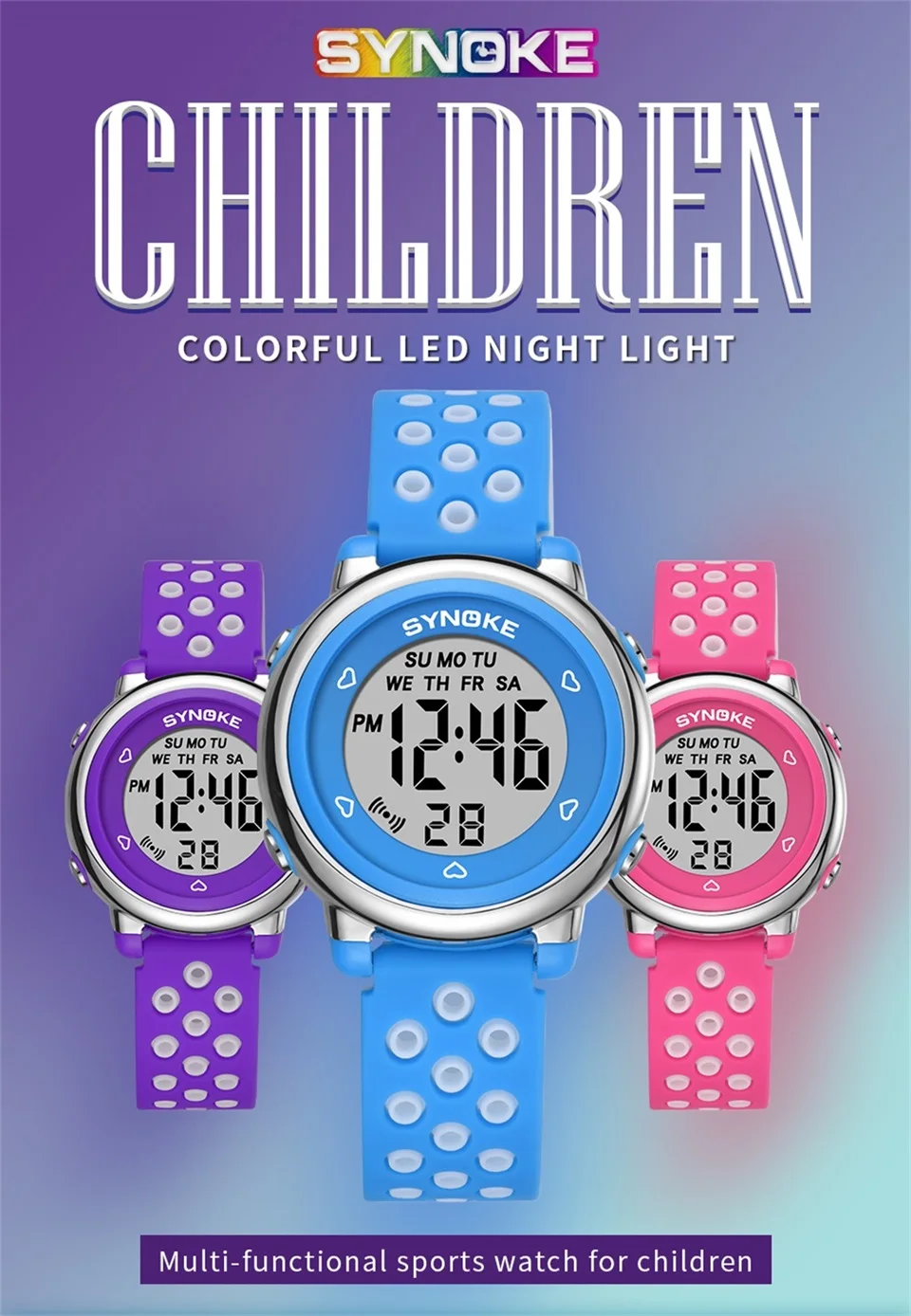 SYNOKE детские часы красочный свет Мода цифровые Девушки Мальчики Спортивные Часы светодиодный дисплей Будильник плавать водонепроницаемые