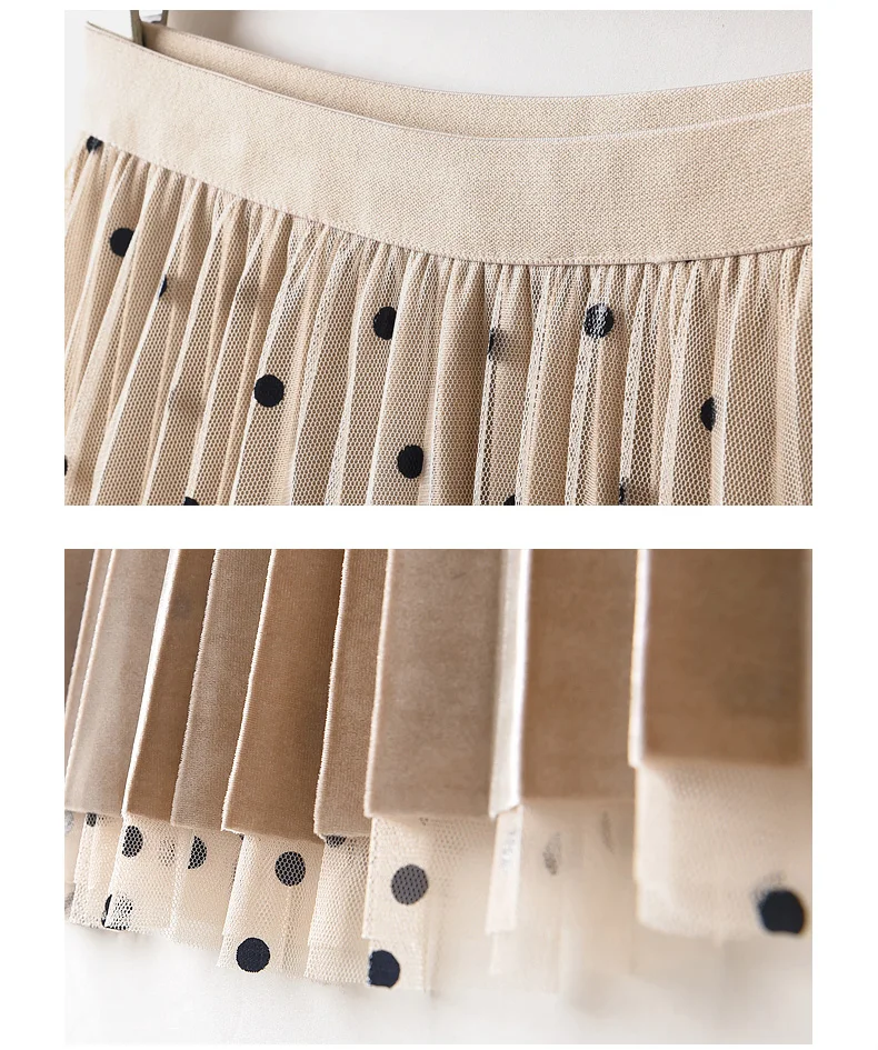 Осенние юбки женские Зимние Модные эластичные высокая талия двойной две стороны носить горох горошек печатных сетки плиссированные Длинная ЮБК