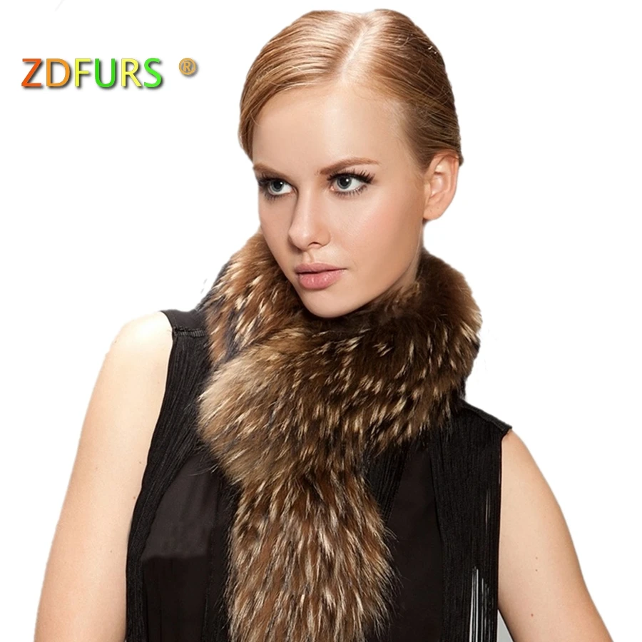 ZDFURS * из натурального меха енота шарф Для женщин 100% натуральный мех меховой