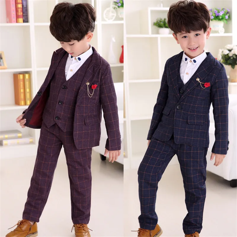Kids Boys Suit Set Autumn Long Sleeve Plaid Dress Child Children Formal