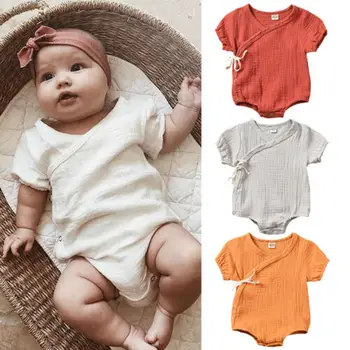 

AU Organic Cotton Newborn Baby Boy Girls Infant Solid Single Side Strappy Romper Jumpsuit New Style Outfits Clothes