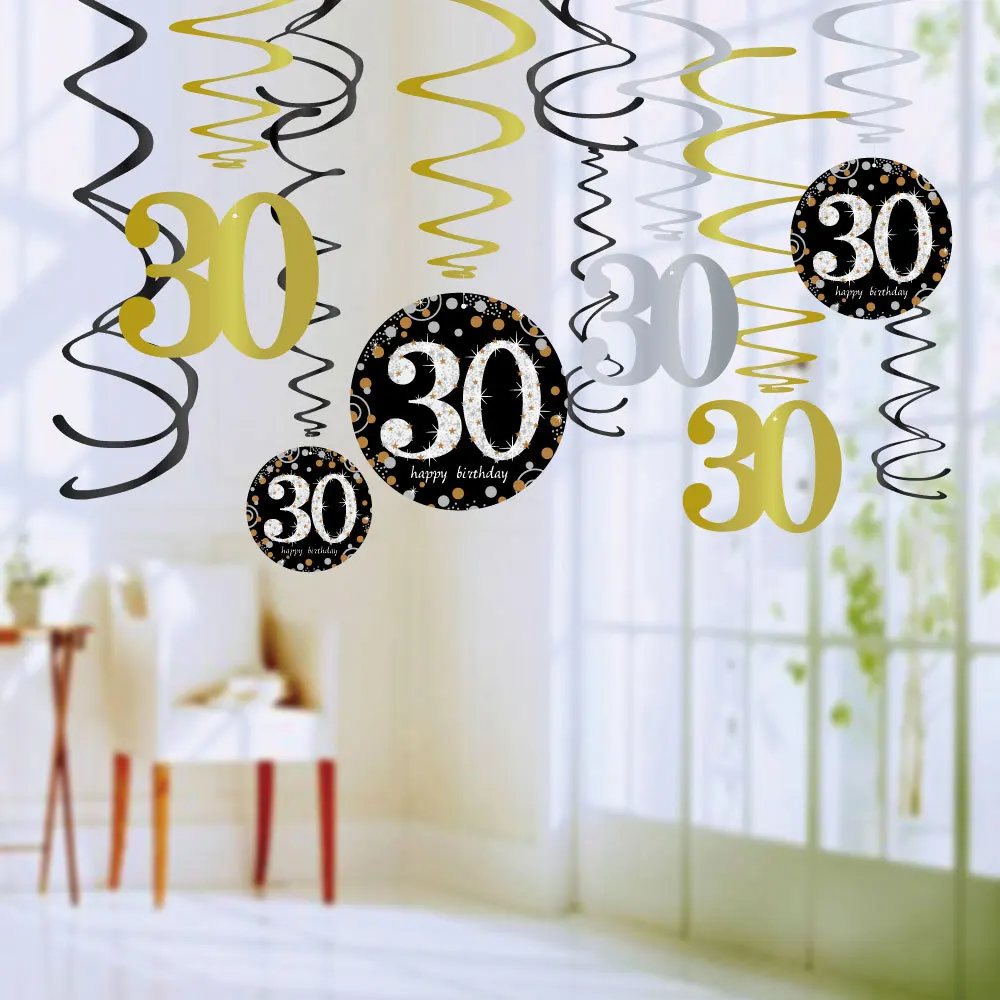 

12PCS 18/30/60 Year Olds Shining Swirl Banner Fol Spiral Ornaments Fol Birthday Decor Ornaments For Birthday Party Decorations