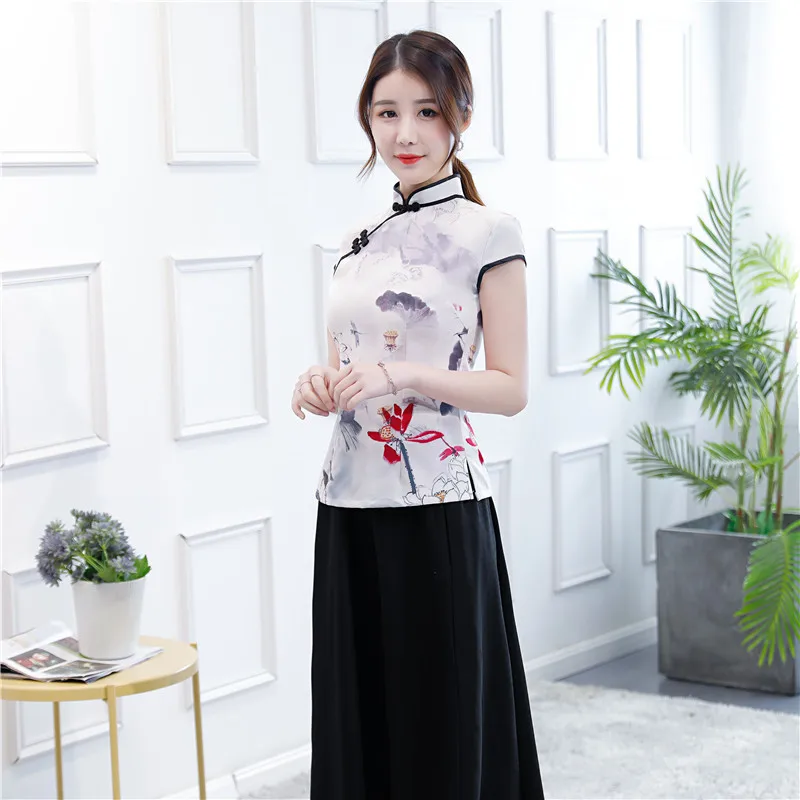

Traditional Chinese Style Print Flower Blouse Classic Women Mandarin Collar Clothing Vintage Female Party Shirt Casual Blouse