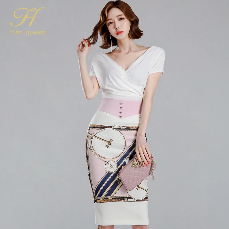 

H Han Queen 2019 Summer Solid Color V-neck Blouses And High Waist Printed Sheath Bodycon Pencil Skirts OL Work Wear 2 Pieces Set