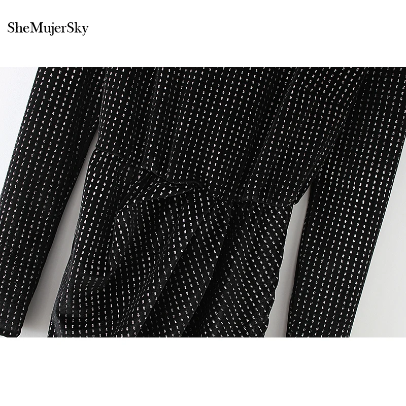 SheMujerSky Women Black Velvet Dress Sequined Long Sleeve O-neck Backless Sexy Mini Dresses vestito donna 2018