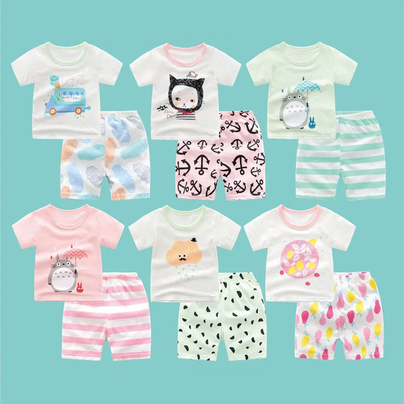 

Summer 2019 100%Cotton Short-Sleeve Kids T-Shirts+Shorts Set Kawaii Cat/Bus Printed T-Shirt For Girls/Boys Gift For Baby