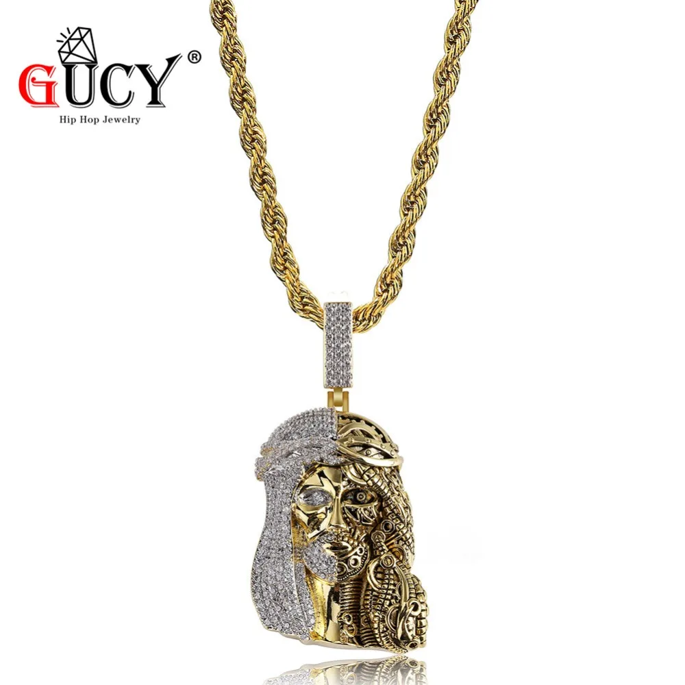 

GUCY Gold Image Of Jesus Necklace & Pendant With Tennis Chain Gold Color Iced Out Cubic Zircon Men's Hip Hop Jewelry Gift