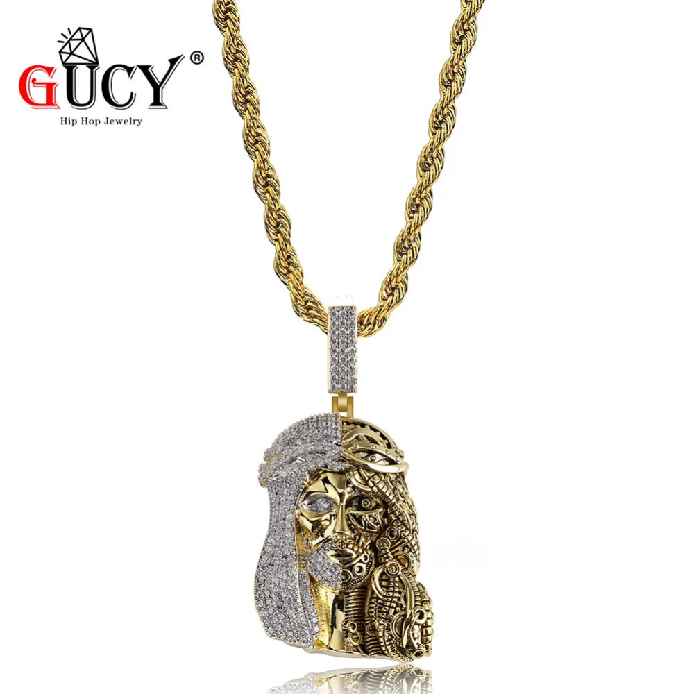 

GUCY Gold Image Of Jesus Necklace & Pendant With Tennis Chain gold Color Iced Out Cubic Zircon Men's Hip Hop Jewelry Gift