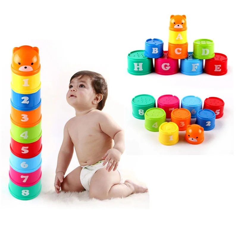 9Pcs/lot Nesting Stacking Cup Tower Figures Letters Educational Baby Toys Folding Children Early Intelligence Games Gift For Kid